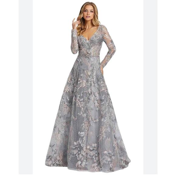 Mac Duggal 20214D Long Sleeve Embroidery V-Neck Evening Lace Dress Size 14 NWT - Picture 4 of 12